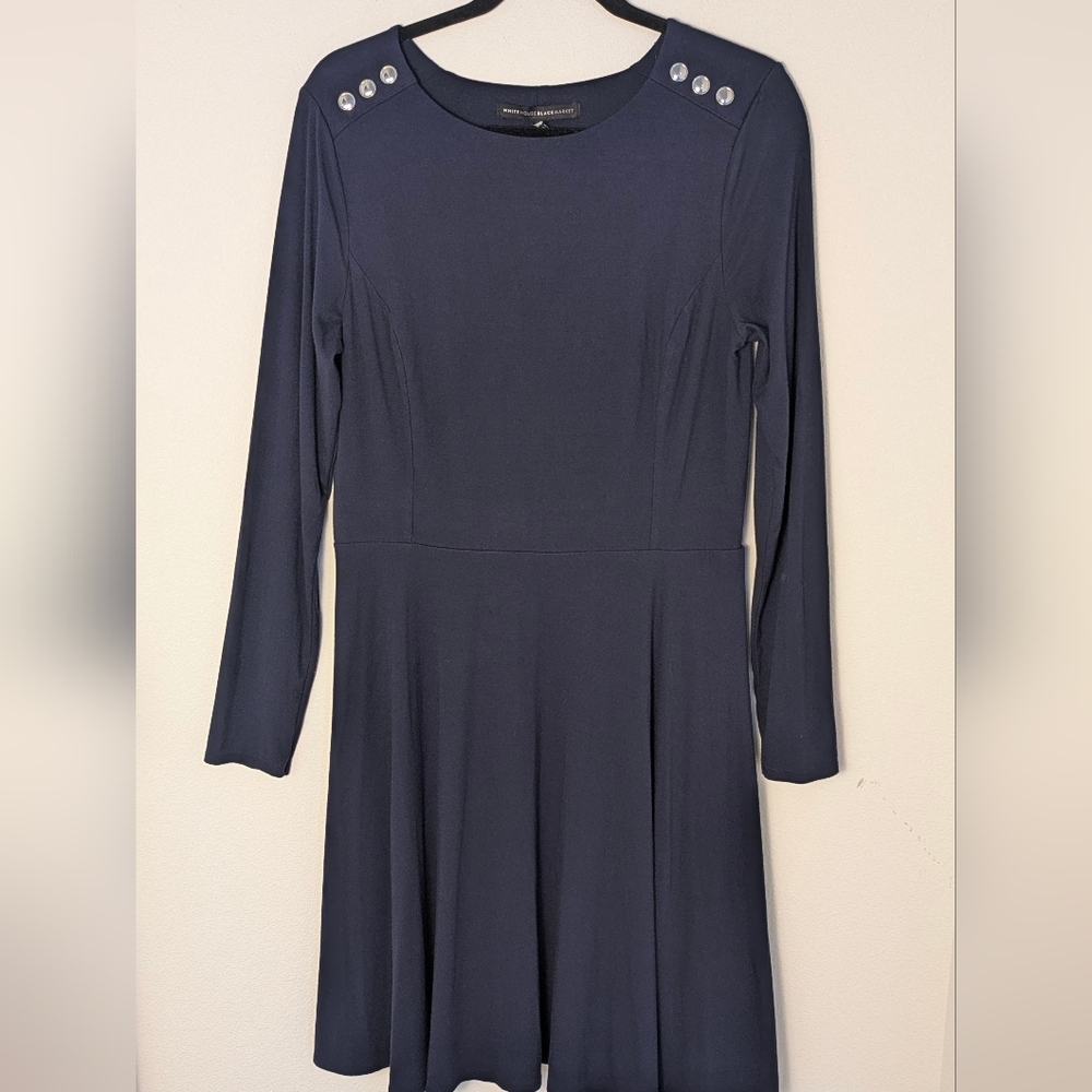 WHITE HOUSE BLACK MARKET FIT AND FLARE NAVY DRESS stretchy A-line SIZE 10 EUC